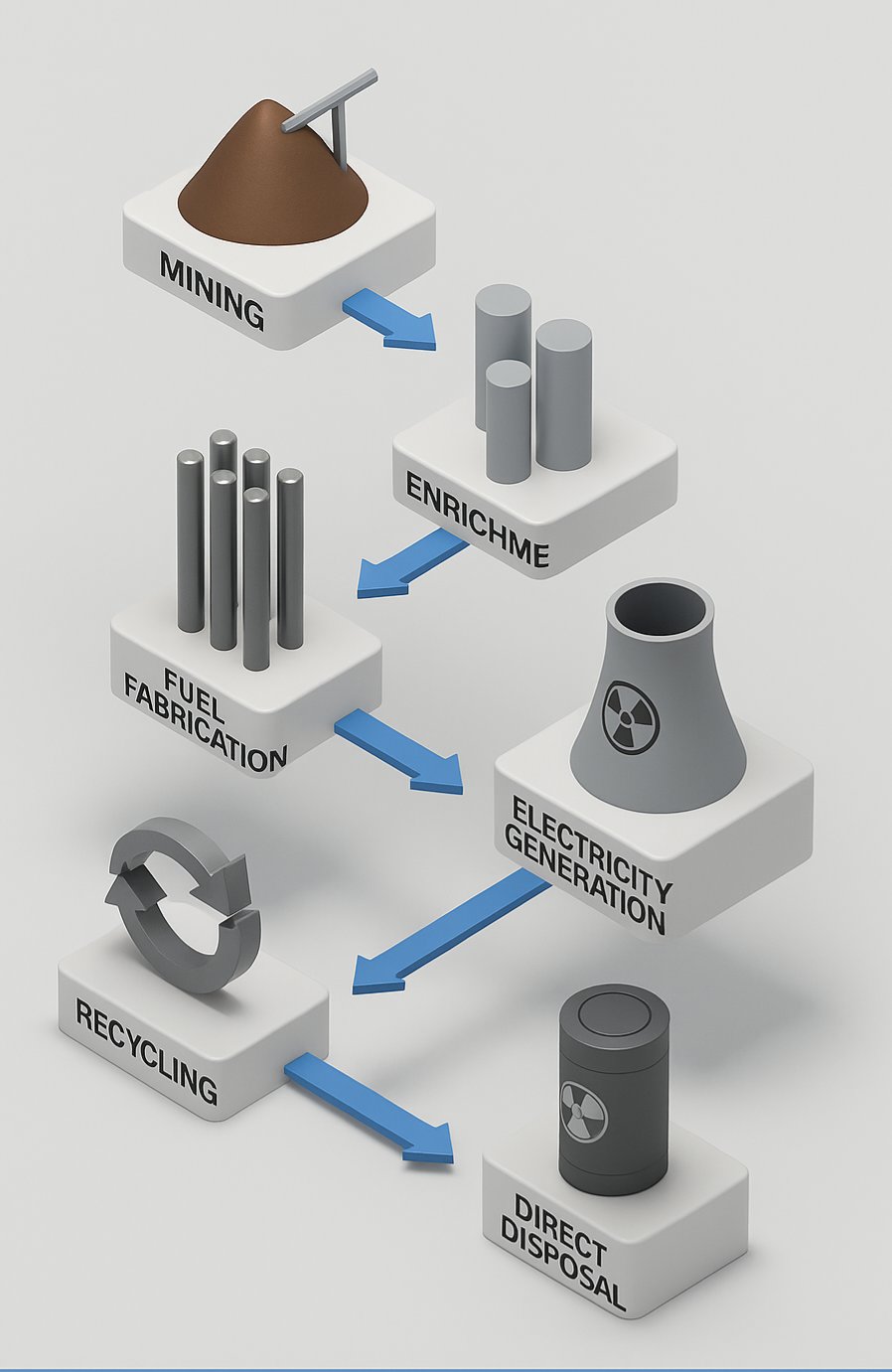 The nuclear fuel cycle: mining, enrichment, fuel fabrication and electricity generation, then either recycling or direct disposal