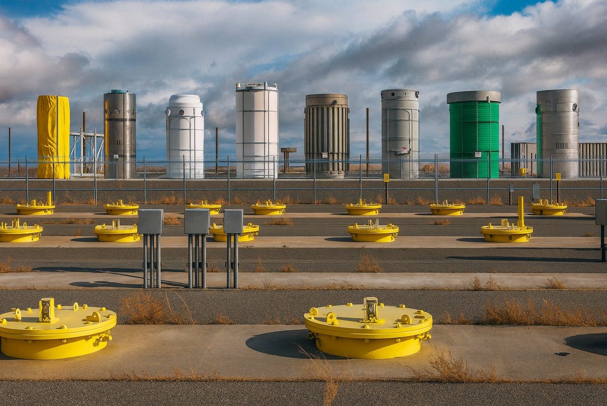 Rows of dry-cask storage containers holding spent nuclear fuel at an outdoor facility