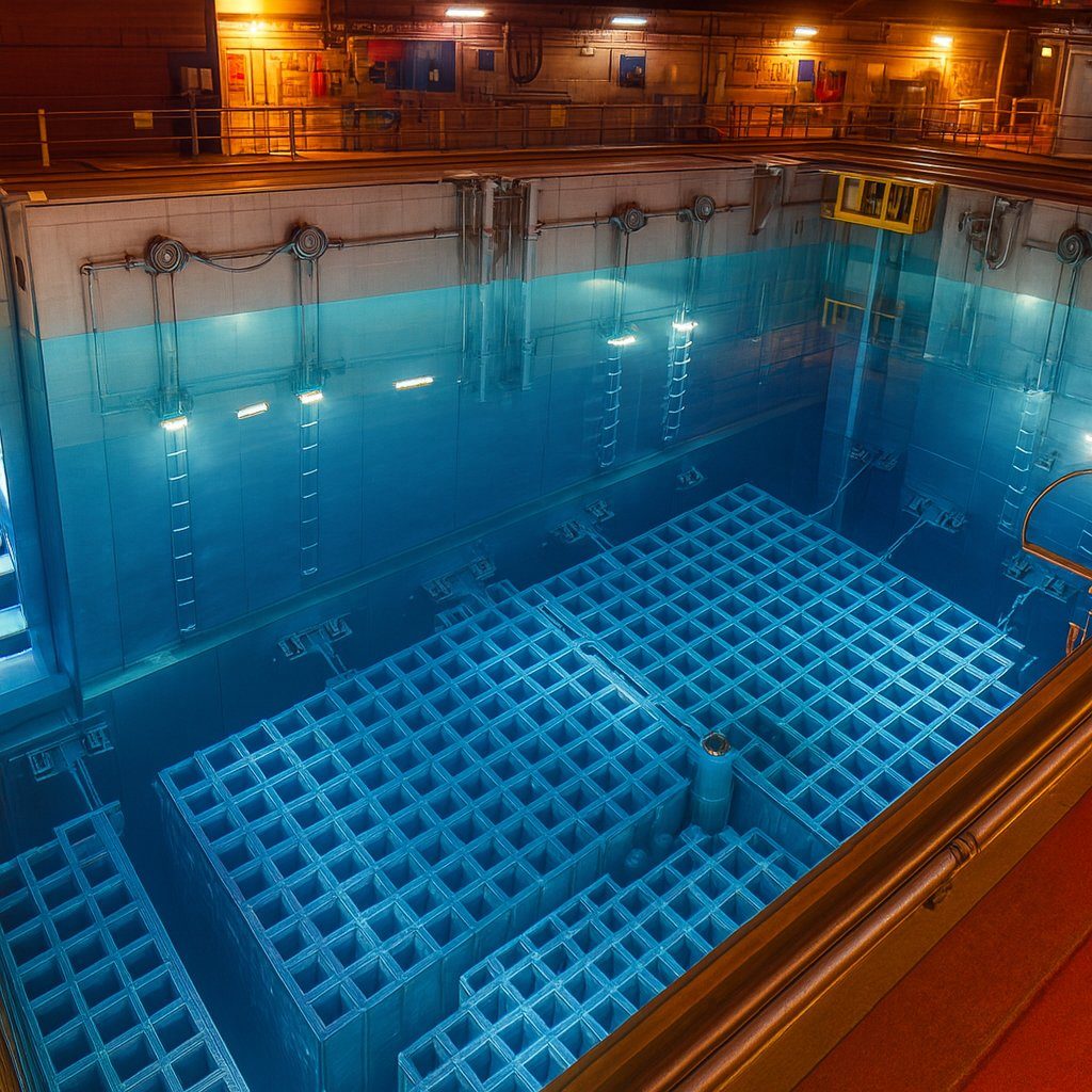 Used nuclear fuel assemblies stored underwater in a reactor cooling pool